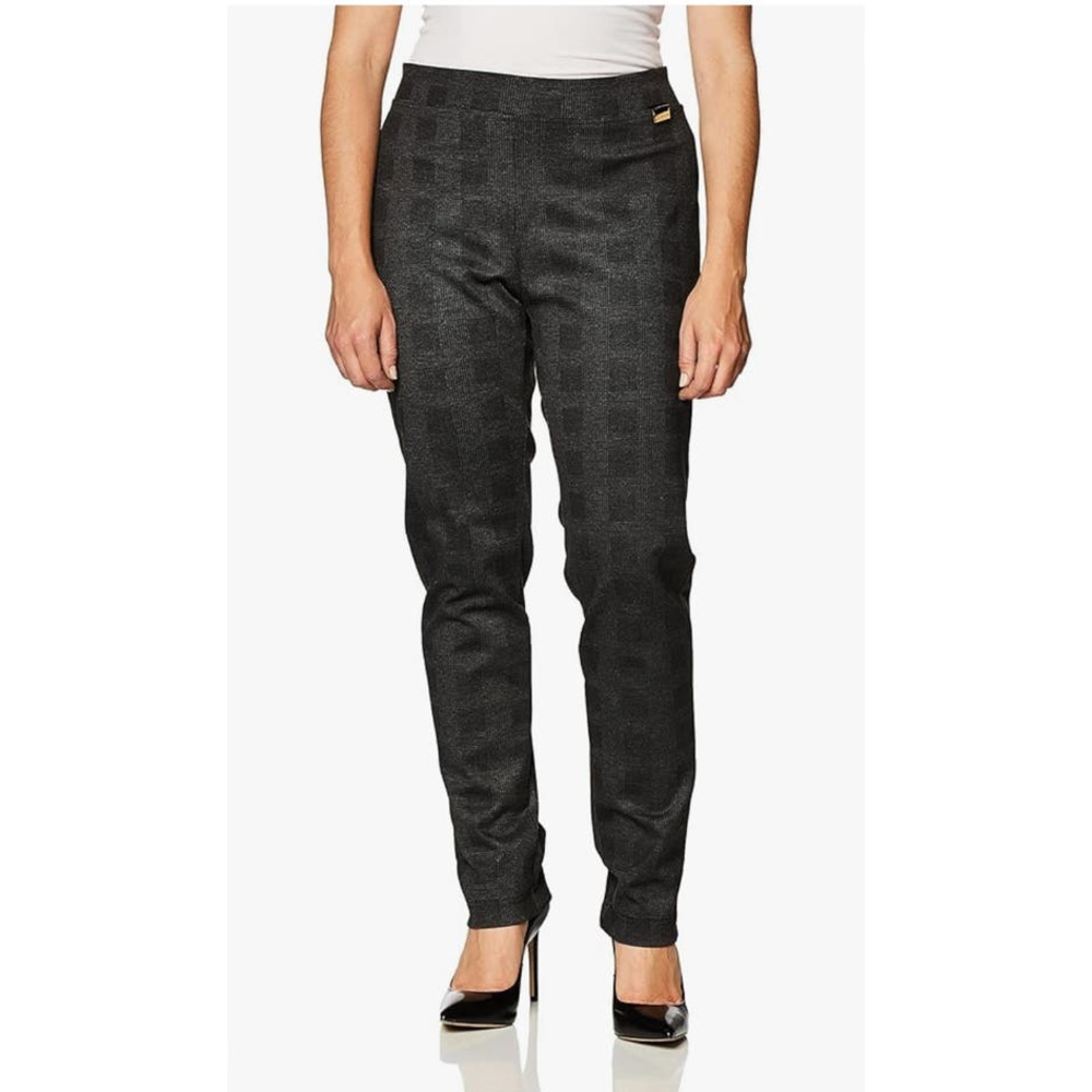 Calvin Klein Bold Plaid Mid-Rise Twill Leggings, Gray/Black/Yellow, size 12